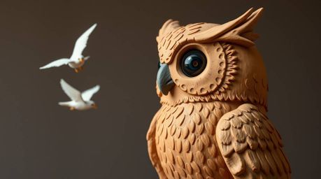This artwork depicts a heartwarming scene of a blind owl, rendered in a Pixar-esque style, passionately teaching birds how to
