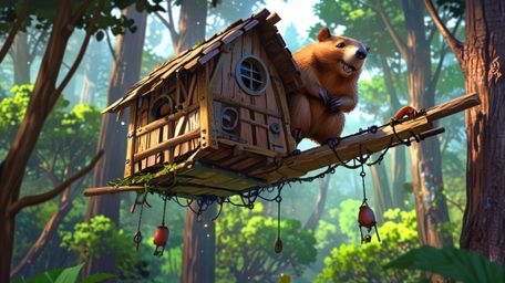 In a whimsical scene that blends Pixar and anime aesthetics, a beaver is depicted building a perfect treehouse for orphaned a