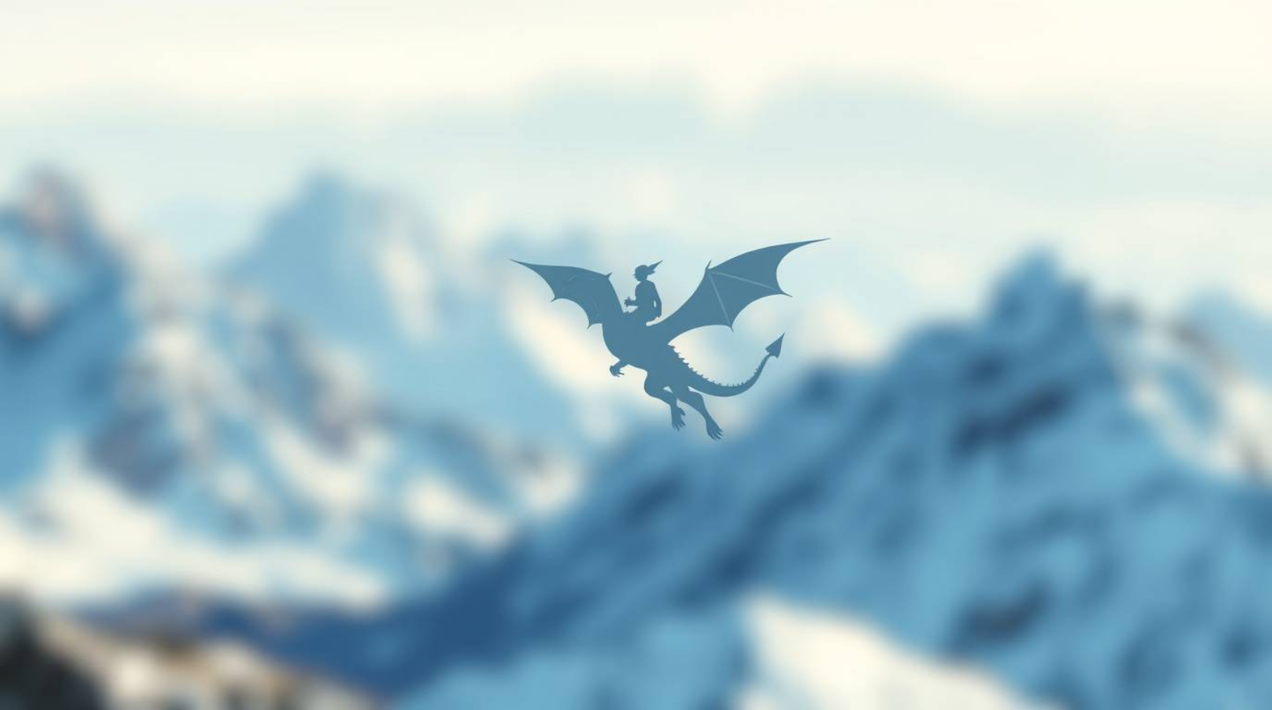 This geometric logo features a sharply focused dragon and rider soaring above icy mountains, contrasted against a soft, blurr