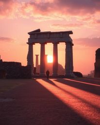 Experience ancient stone ruins at sunset through a creative, light-art aesthetic. A soft pastel sunset casts gentle shadows t