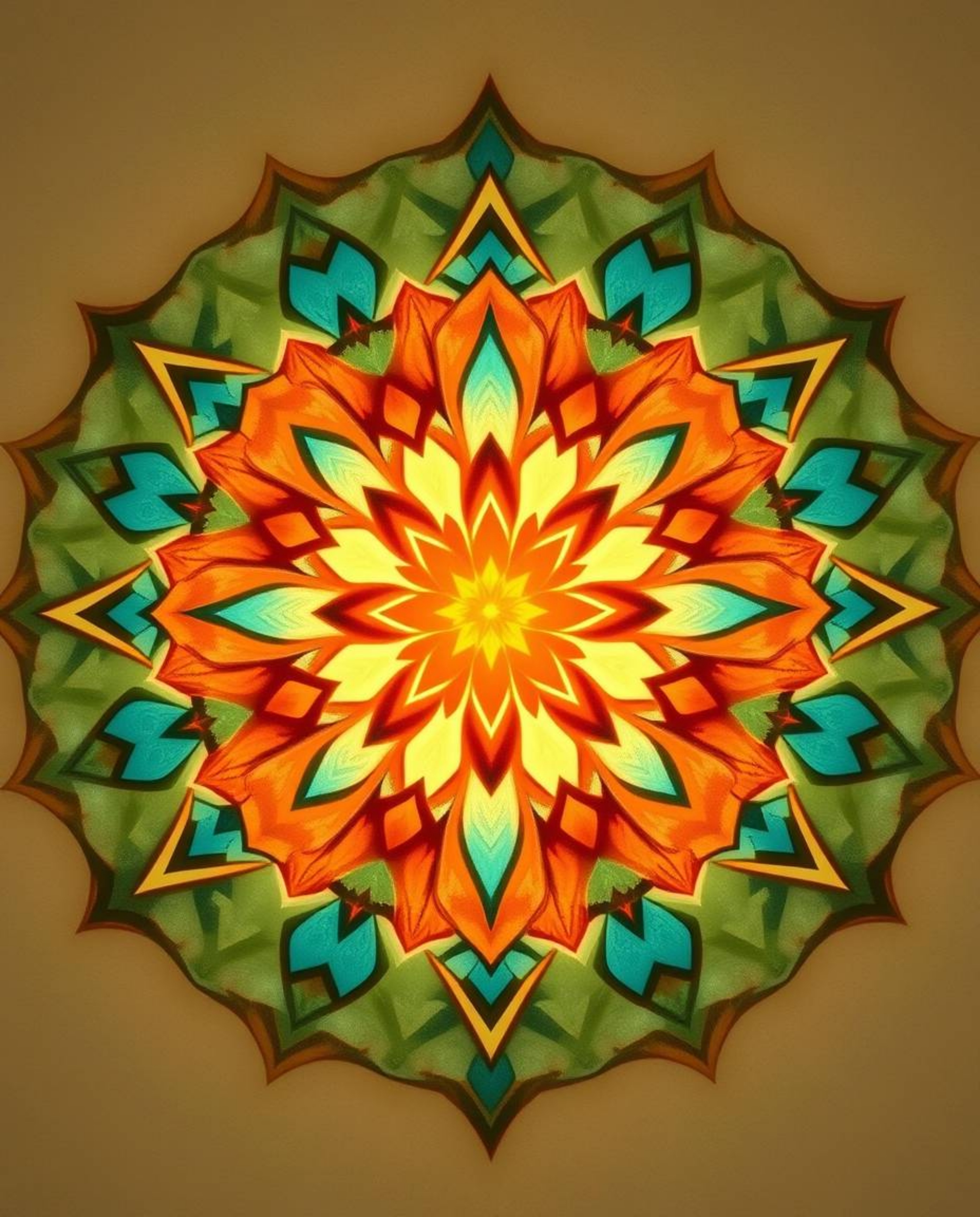 Explore a captivating ethereal spiritual image featuring a geometric floral mandala with a vibrant symmetric design. This art