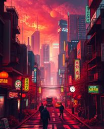 A captivating high-contrast image depicts a vibrant cyberpunk cityscape bathed in warm autumn hues and dramatic lighting.  Ea