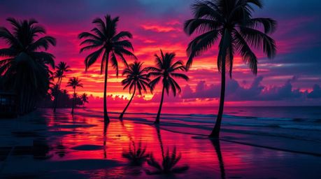 Experience the sophisticated elegance of a tropical beach sunset, where rich burgundy and deep blue hues meet the gentle driz