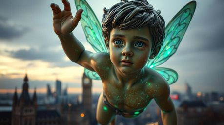 A captivating image depicting a young boy with delicate features soaring above London, propelled by bioluminescent pixie dust