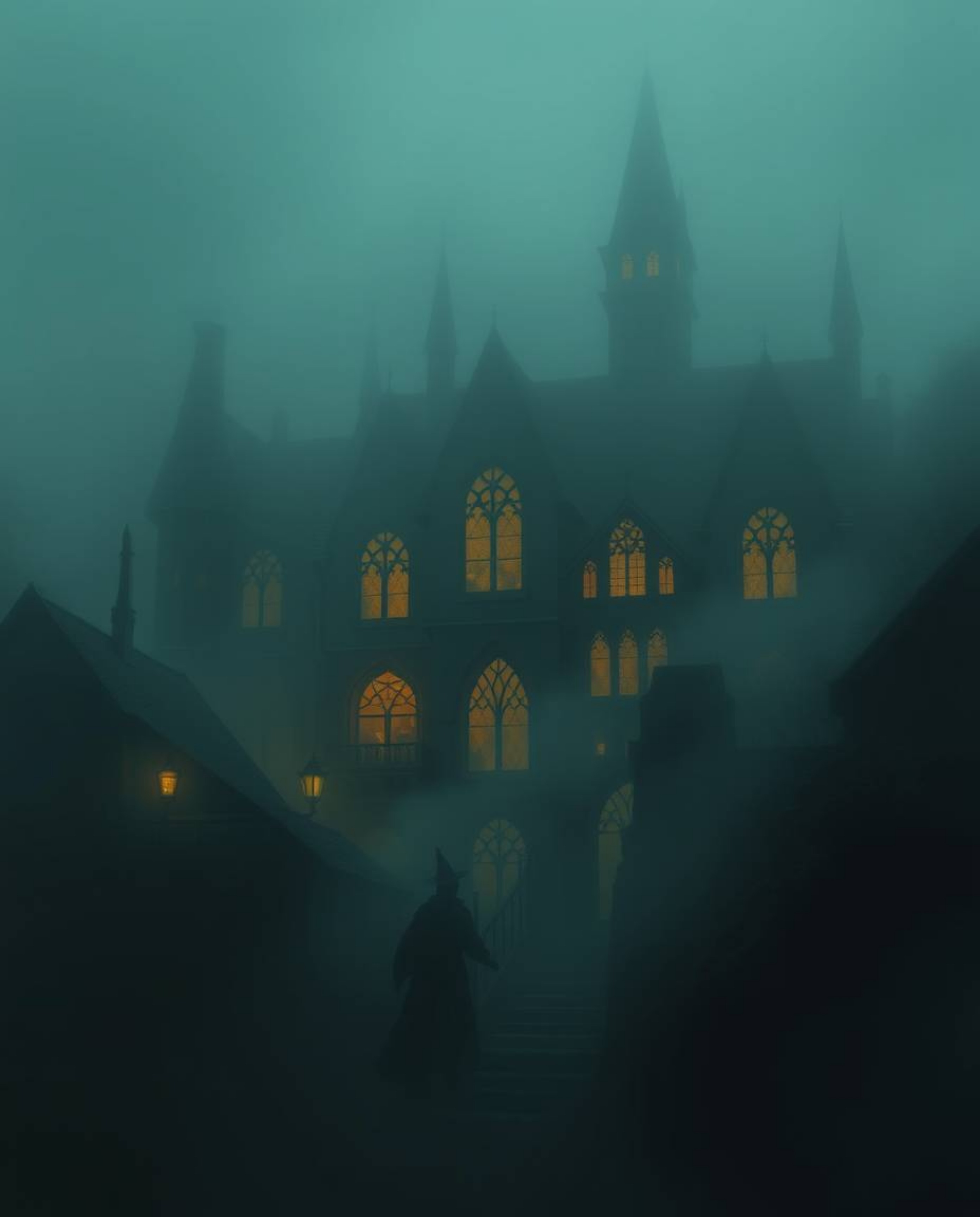 Explore a mystical school brimming with aspiring wizards, shrouded in dense fog and rendered in a painterly style. This low-v