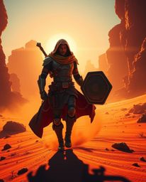 Embark on an epic, futuristic desert adventure with a brave hero in this Disney-style scene. Warm, vibrant colors of red, or
