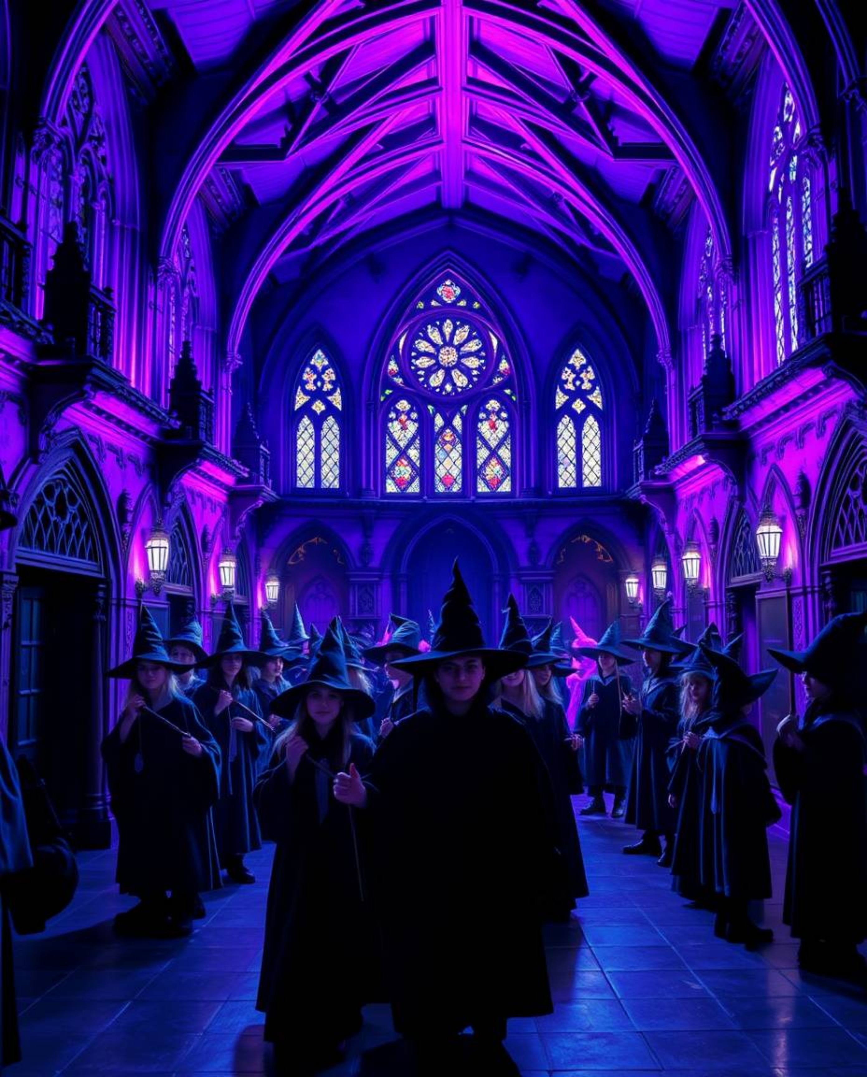 Explore a magical school brimming with young wizards, bathed in deep ultraviolet light and vibrant purples.  Experience the h