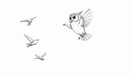 A heartwarming, hand-drawn sketch in the style of Pixar depicts a blind owl with soft, textured pencil strokes passionately t