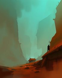 Explore a misty and atmospheric digital sketch featuring a warm terracotta and cool teal color palette. This piece blends col