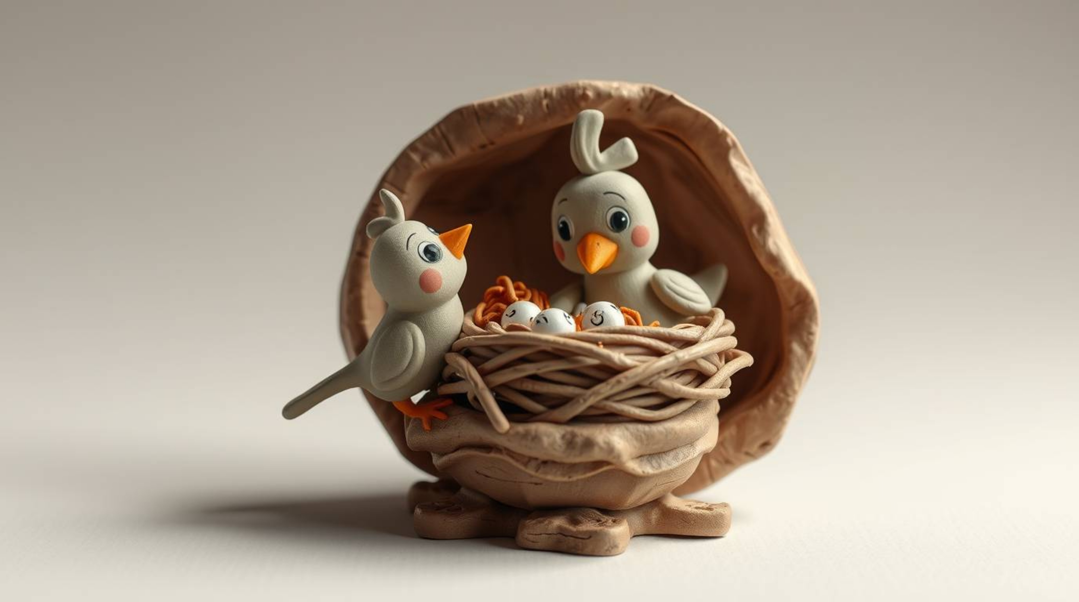 This sculptural clay art depicts two cartoon birds diligently building a nest in a classic animation style. The piece feature