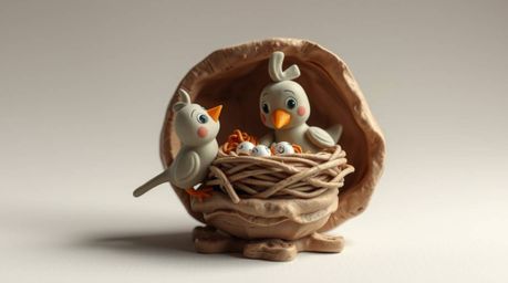 This sculptural clay art depicts two cartoon birds diligently building a nest in a classic animation style. The piece feature