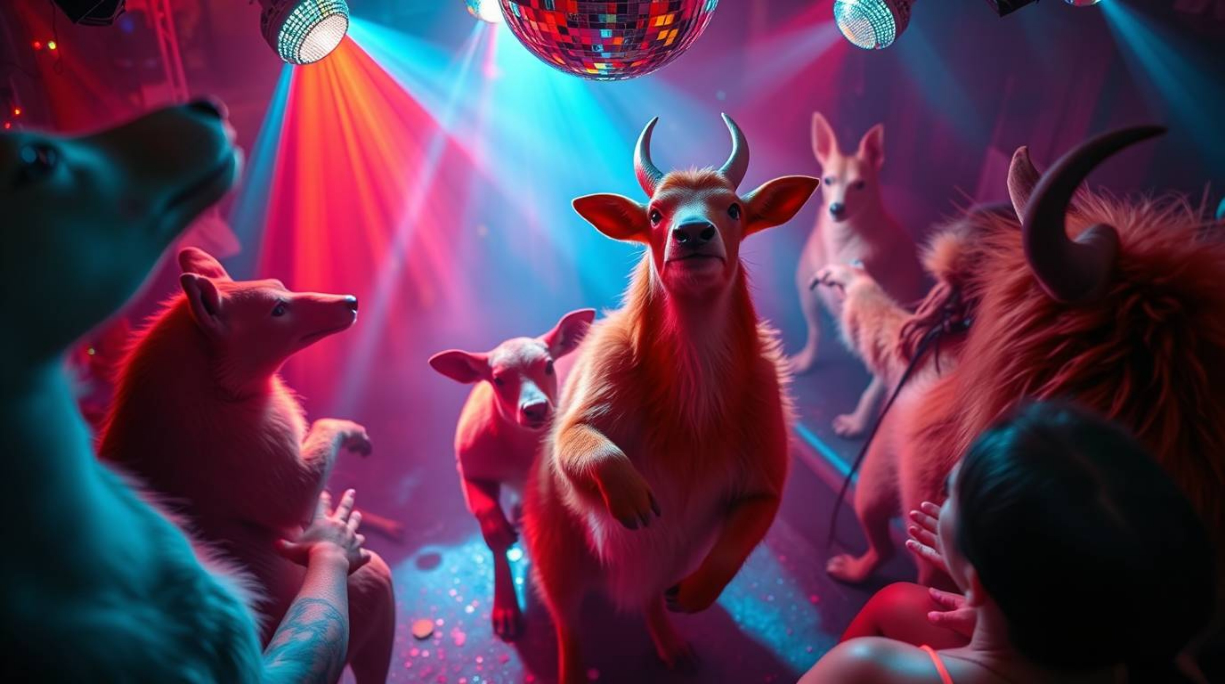 A captivating high-angle photograph captures an energetic animal dance party bathed in vibrant disco lights.  The scene boast