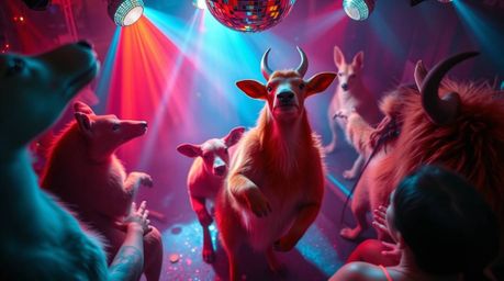 A captivating high-angle photograph captures an energetic animal dance party bathed in vibrant disco lights.  The scene boast