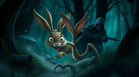 Witness a wacky rabbit with wide, expressive eyes frantically outrunning a shadowy hunter in a dark, eerie, and unsettling fo
