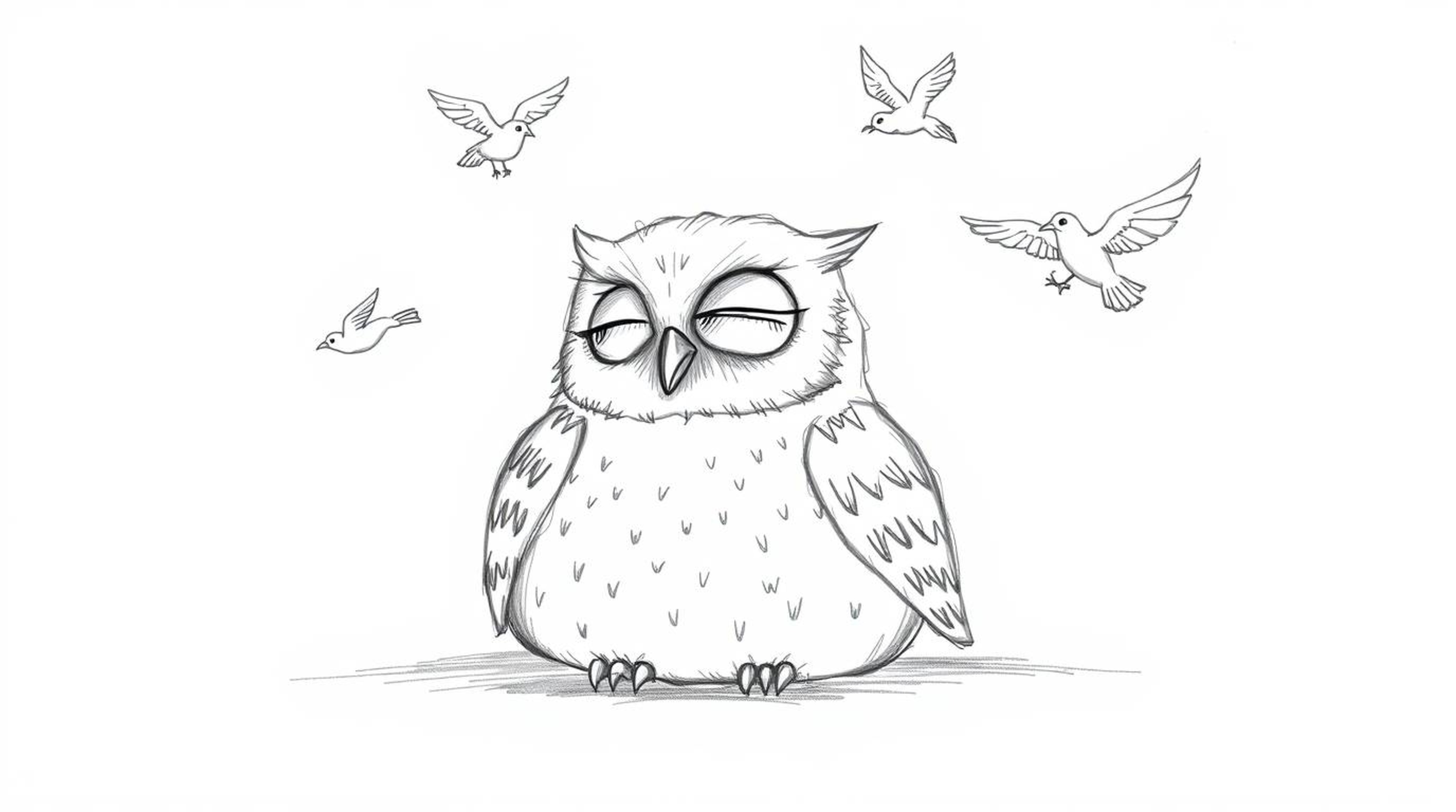 This heartwarming hand-drawn sketch in the style of Pixar depicts a blind owl with soft, textured feathers and a serene expre