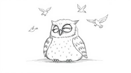 This heartwarming hand-drawn sketch in the style of Pixar depicts a blind owl with soft, textured feathers and a serene expre