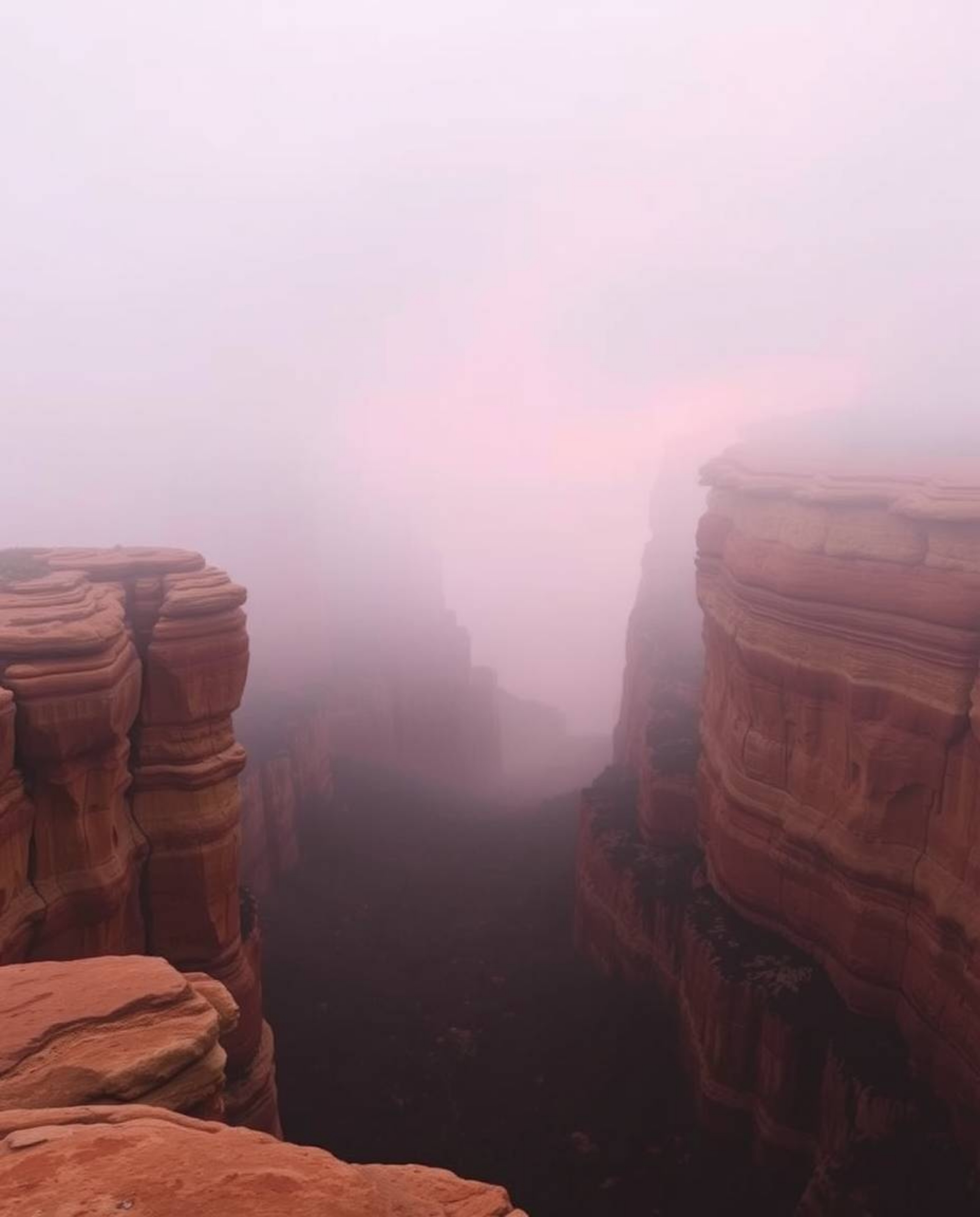 Sandstone cliffs at sunset are obscured by a thick, atmospheric fog, creating a scene of mysterious beauty. Despite the low v