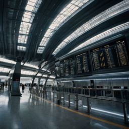 Experience the future of transportation at this cutting-edge train station. Featuring high-speed trains, digital schedule boa