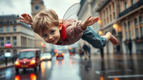 An adorable young boy with charming features flies above London with pixie dust amidst a wet, rainy atmosphere. The scene is 