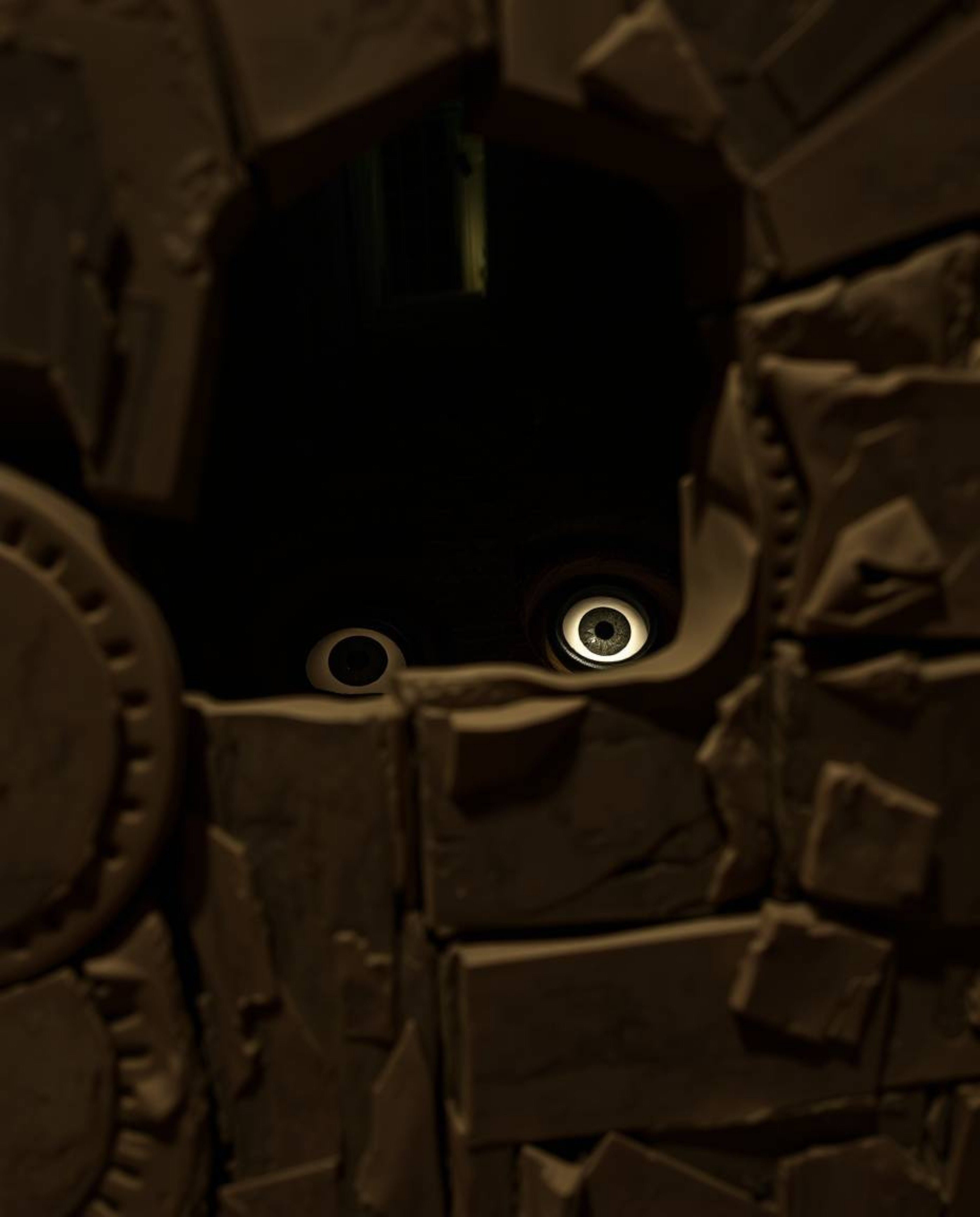 This layered papier-mâché sculpture captures the unsettling feeling of being watched. Depicting eyes peering from the shadows
