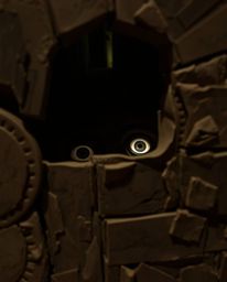 This layered papier-mâché sculpture captures the unsettling feeling of being watched. Depicting eyes peering from the shadows