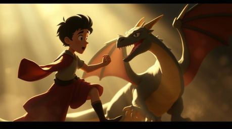 Witness a charming prince in a dramatic cinematic style, battling a fearsome dragon reminiscent of 1950s animation. The scen