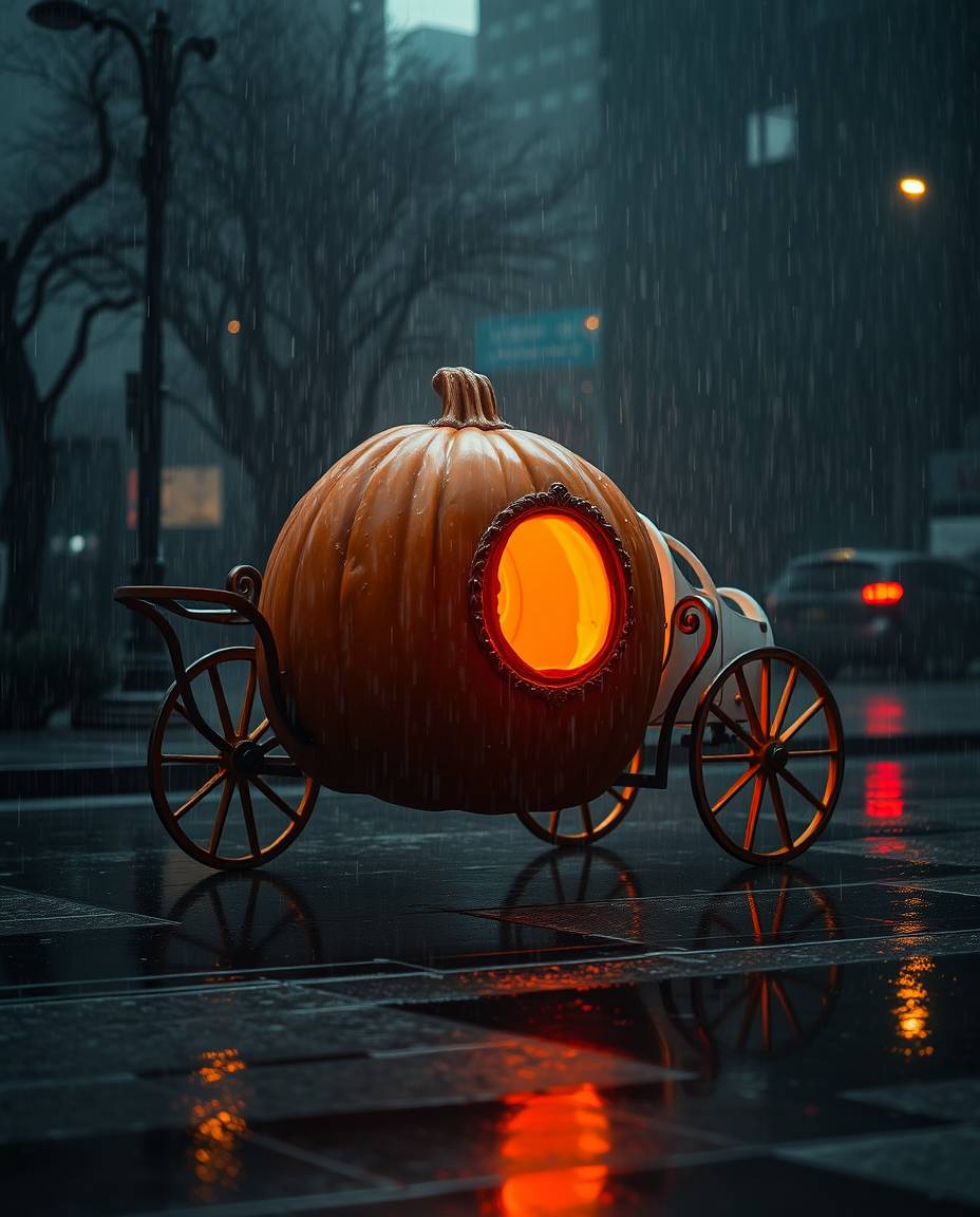 Witness a magical transformation under a soft, drizzling rain. A pumpkin morphs into a carriage in a dreamy, hazy scene, with