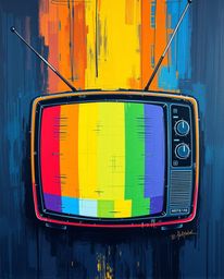This bold acrylic painting offers a unique bird's-eye view, showcasing TV screen glitch static and a retro aesthetic. The vib