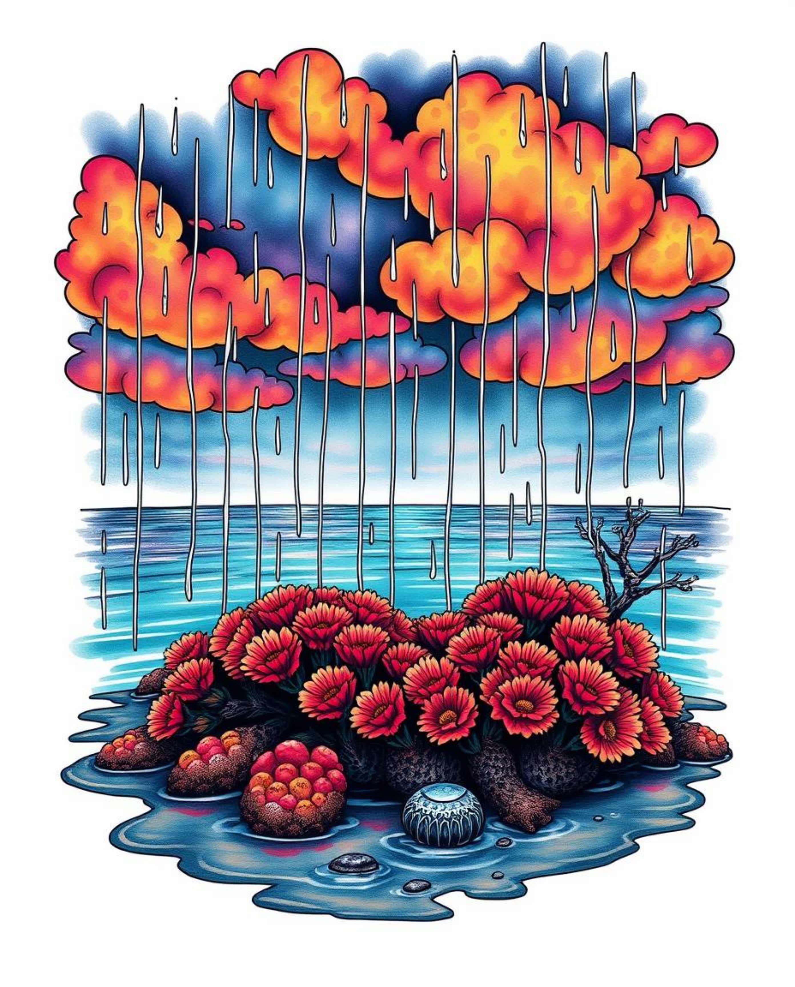 A symbolic traditional tattoo art print depicts a wet, rainy scene featuring a colorful sky over a coral reef at low tide. Th