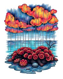 A symbolic traditional tattoo art print depicts a wet, rainy scene featuring a colorful sky over a coral reef at low tide. Th