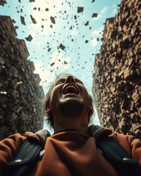 A dramatic low-angle shot captures a person screaming in terror as their world disintegrates into a pixelated mess. This visu