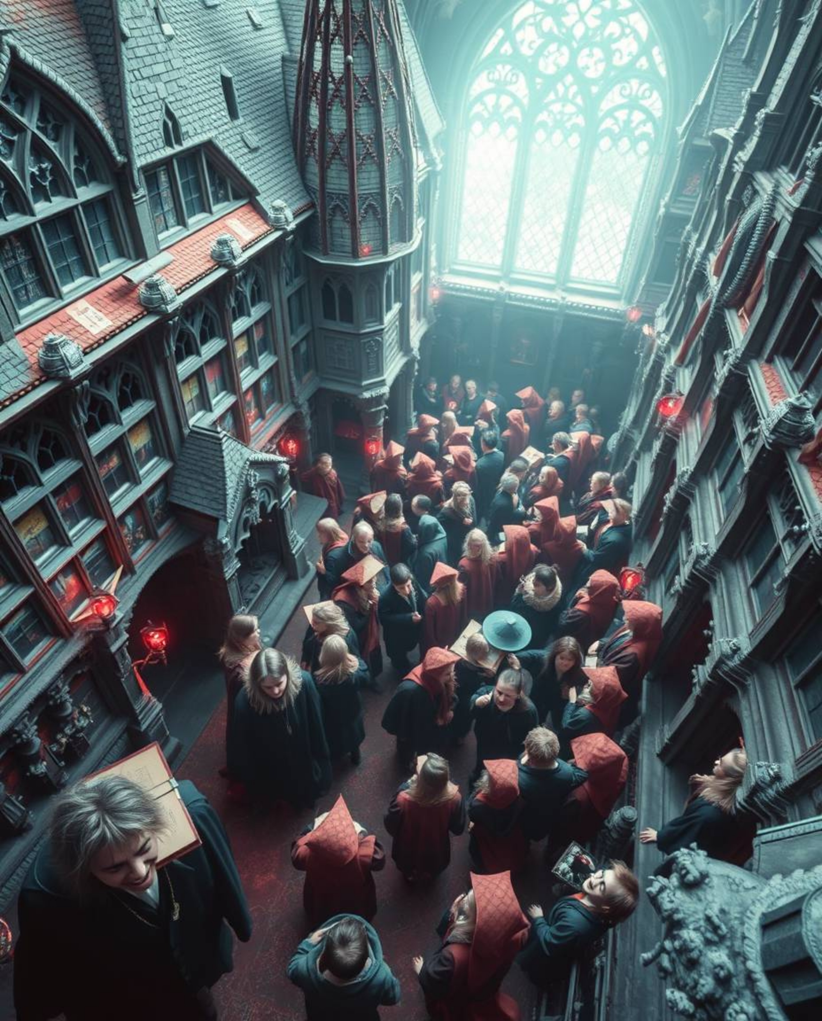 Explore a captivating high-angle view of a magical school teeming with young wizards, rendered in surreal infrared tones that