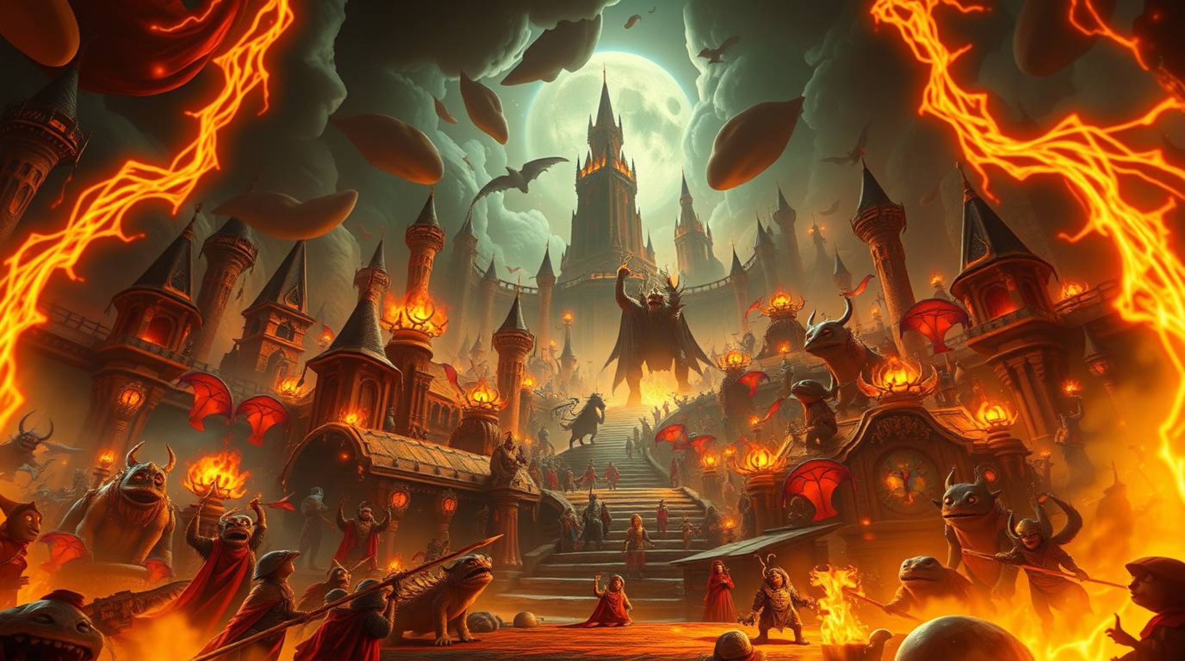 Immerse yourself in a grand, epic fantasy kingdom scene brimming with quirky magical creatures. Bathed in warm, intense drama
