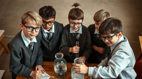 A high-angle photograph capturing quirky kids in school uniforms engaged in scientific experiments. The image emphasizes natu