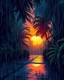 Vibrant, complementary colors depict a wet, rainy sunset seen through a dense jungle canopy. The artwork features drizzling r