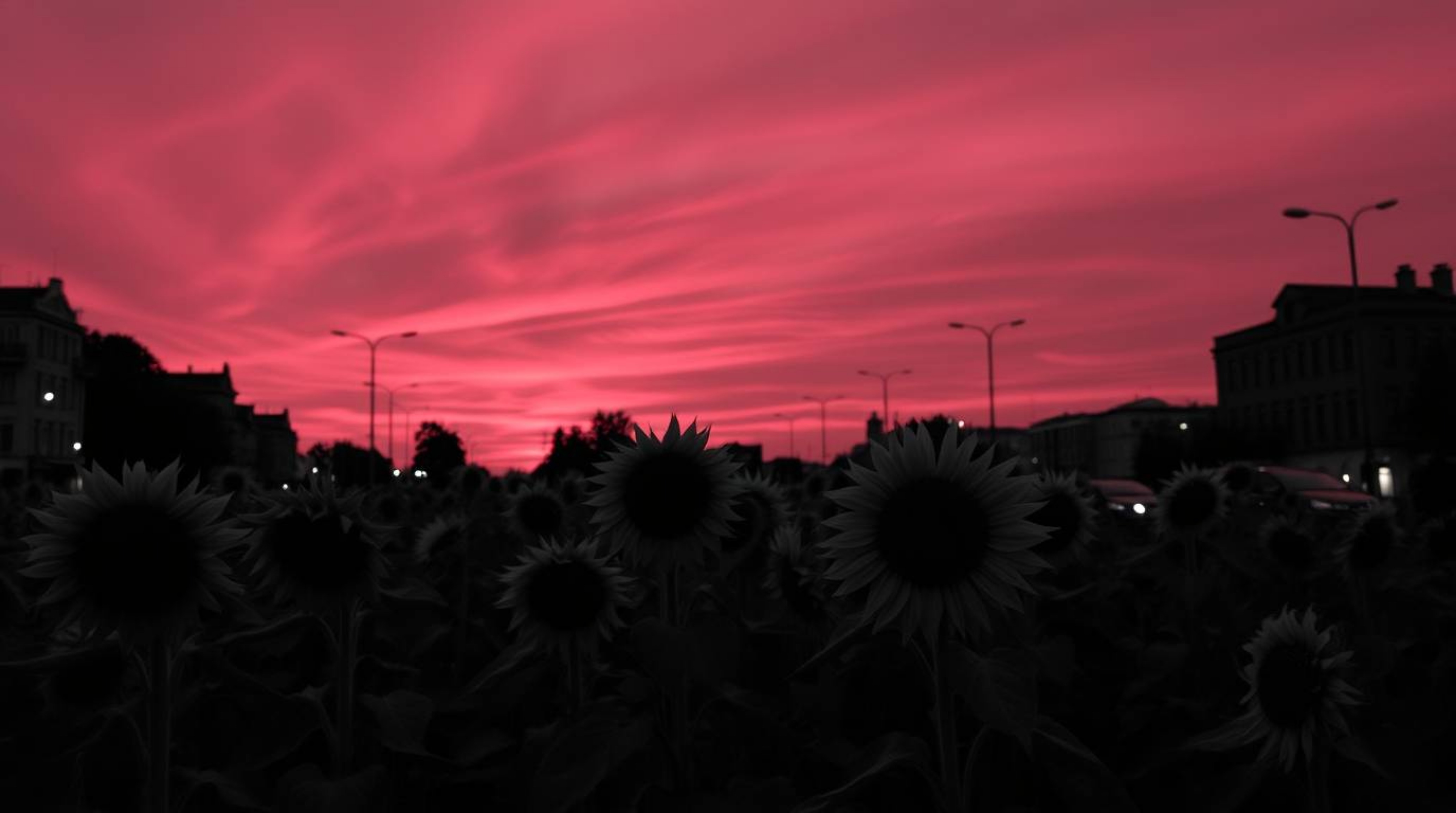A captivating black and white street photograph captures a stunning sunflower field bathed in the dramatic light of a deep re