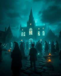Immerse yourself in a moody, bioluminescent scene of a magical school teeming with young wizards. This otherworldly image sho