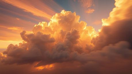A captivating digital painting showcases dynamic motion and volumetric lighting.  Thunderstorm clouds are dramatically illumi