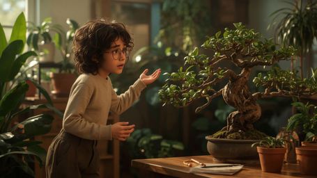A warm, cinematic photograph of a bespectacled, curly-haired homeschooled genius, reminiscent of Pixar characters, standing i