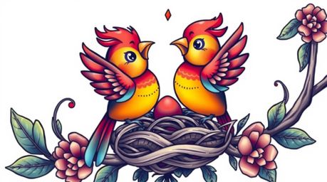 This traditional tattoo art print showcases two cartoon birds diligently building a nest in a classic animation style. The de