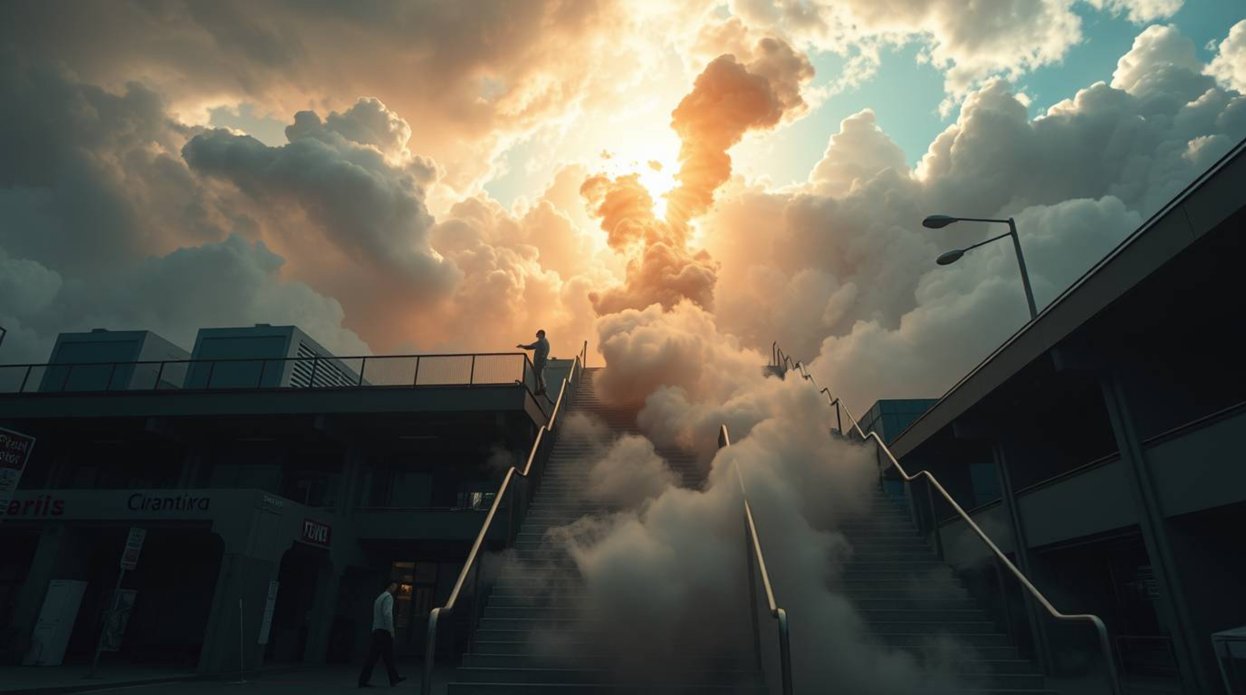 Experience a modern, futuristic scene captured in a candid street photograph. A winding stairway of smoke and light dramatica