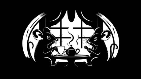 A striking logo design showcases anthropomorphic mice enjoying tea within a cozy cottage.  Rendered in intense jet black with