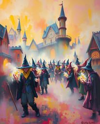 Discover a captivating bold acrylic painting depicting a magical school shrouded in thick fog.  Young wizards populate this v