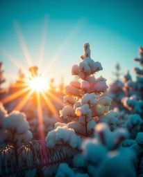 A tight close-up shot showcasing sunset light sparkling on snowy pine trees. Rich, deep teal tones create a luxurious and vib