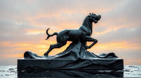 Discover a captivating classic black and white cast bronze sculpture depicting a wet, rainy scene. The gradient texture evok