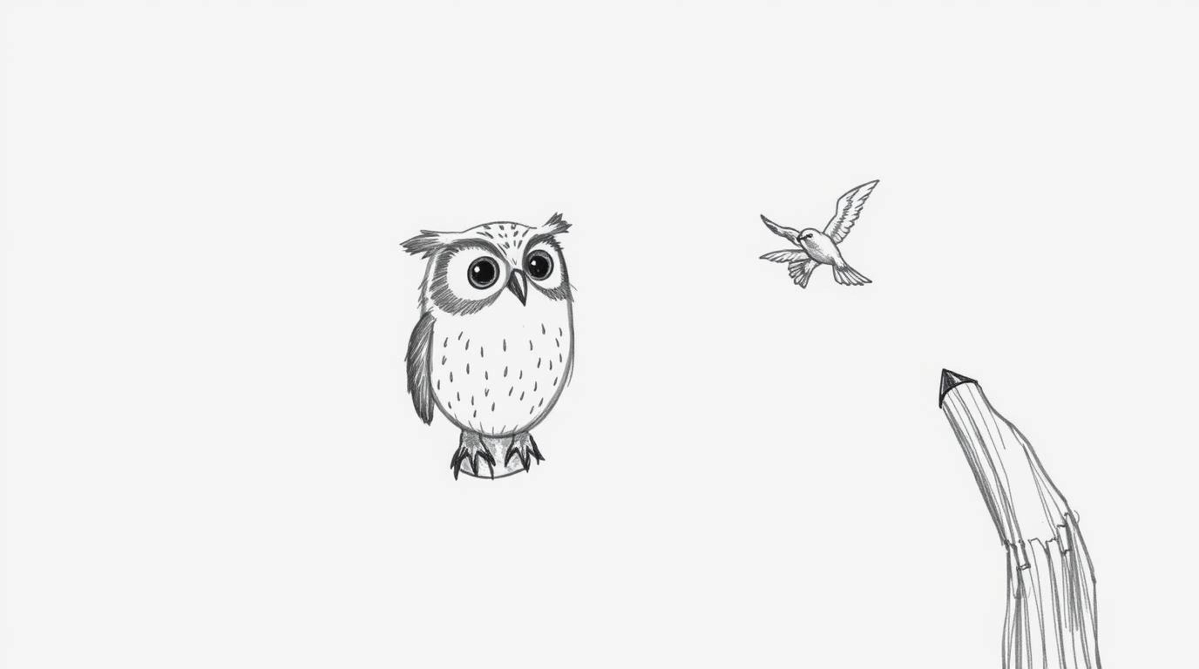 A charming hand-drawn sketch in the style of Pixar depicts a blind owl, rendered with soft, textured pencil strokes, against 