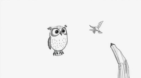 A charming hand-drawn sketch in the style of Pixar depicts a blind owl, rendered with soft, textured pencil strokes, against 