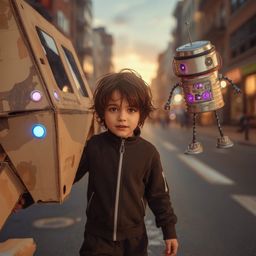 A captivating high-fashion photography image in a vibrant Pixar style depicts a boy with messy brown hair, wearing a stylish 