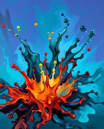 Explore a classic oil painting depicting rich, deep teal ink suspended in water, forming vibrant and dynamic splash shapes. T