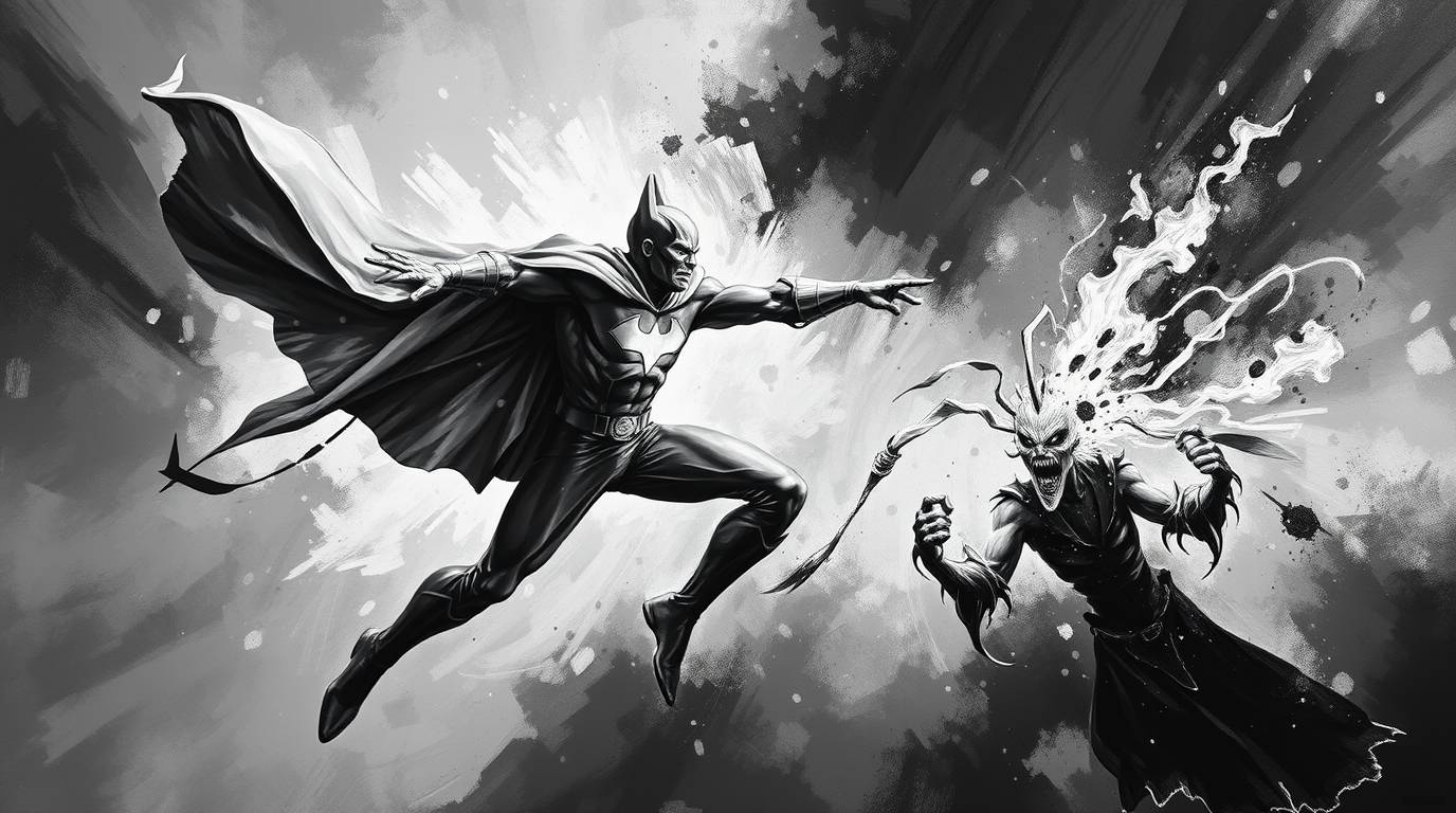 A classic black and white oil painting depicting a superhero with a cape engaged in battle with a silly villain. This timeles